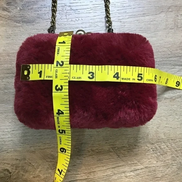 FAUX Fur Purse Cross Body Brass Chain Metal Box Frame Burgundy Red - Picture 10 of 11